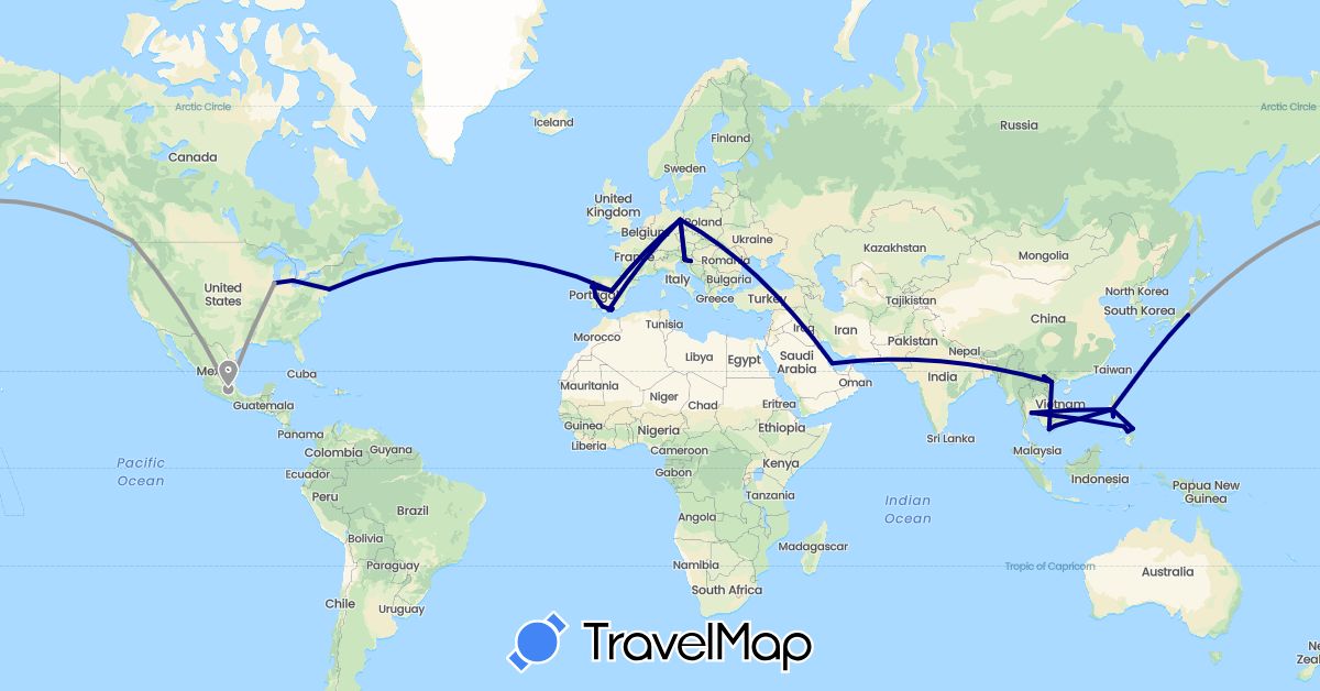TravelMap itinerary: driving, plane in Canada, Germany, Spain, Croatia, Japan, Mexico, Philippines, Portugal, Qatar, Slovenia, Thailand, United States, Vietnam (Asia, Europe, North America)